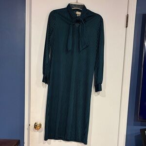 Striped Teal and Black Tie-Neck Midi Dress